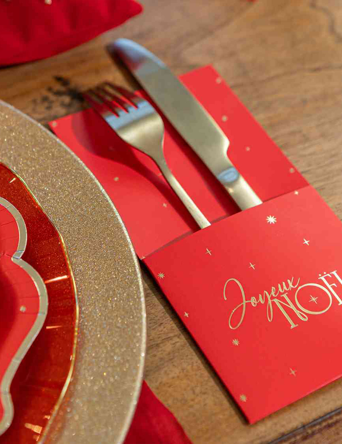 8 porte-couverts Joyeux Noël L'Intemporel rouge et or 10 x 20 cm