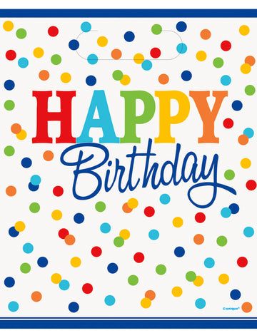 Sacs cadeaux Happy Birthday pour anniversaire à pois colorés en plastique avec poignées