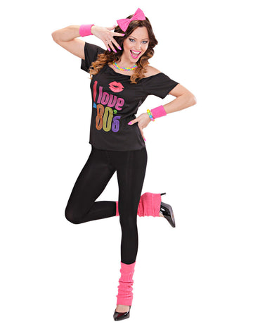 I love 80's felnőtt jelmez fekete és neonrózsaszín színben, pólóval és lábszármelegítővel