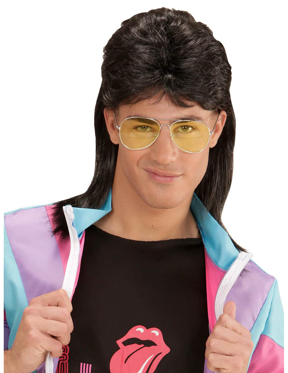 Felnőtt barna mullet paróka sárga szemüvegekkel