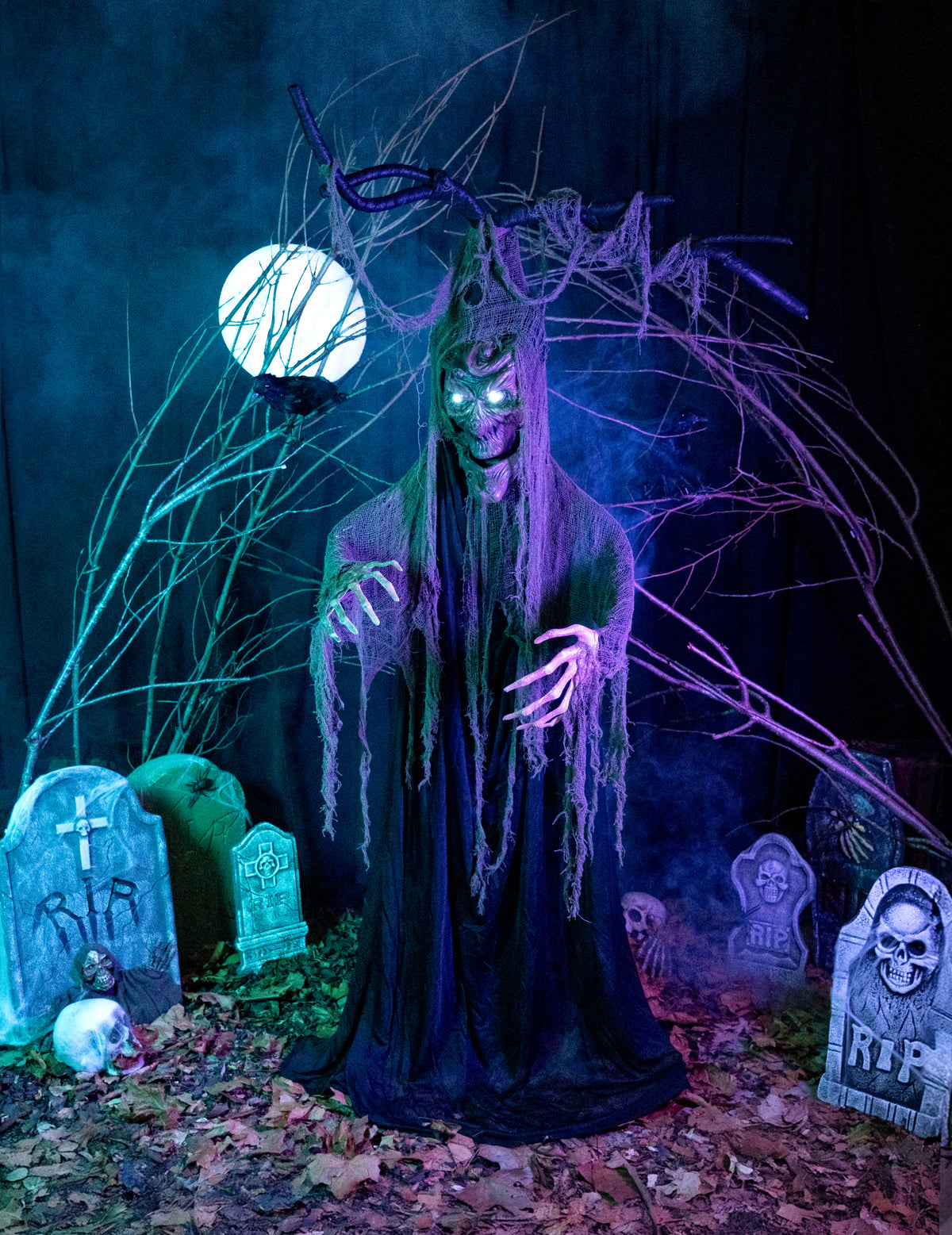 Arbre hanté articulé lumineux et sonore Halloween pour décoration noir et gris avec yeux lumineux
