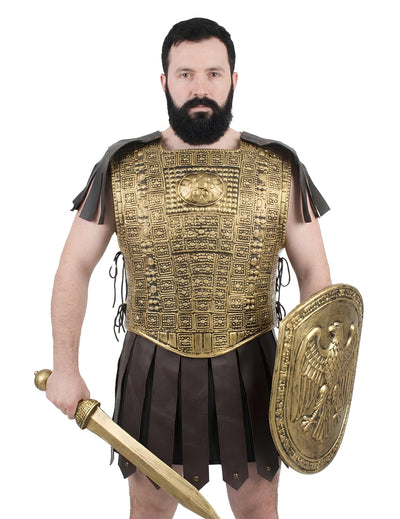 Armure de gladiateur pour adulte dorée avec épée et bouclier