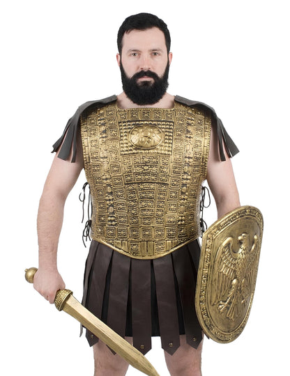 Armure de gladiateur pour adulte dorée avec épée et bouclier