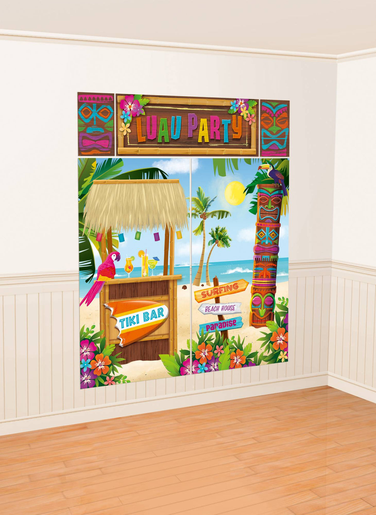 Arrière plan hawaï pour fête kit de 5 posters avec tiki bar et totem multicolore