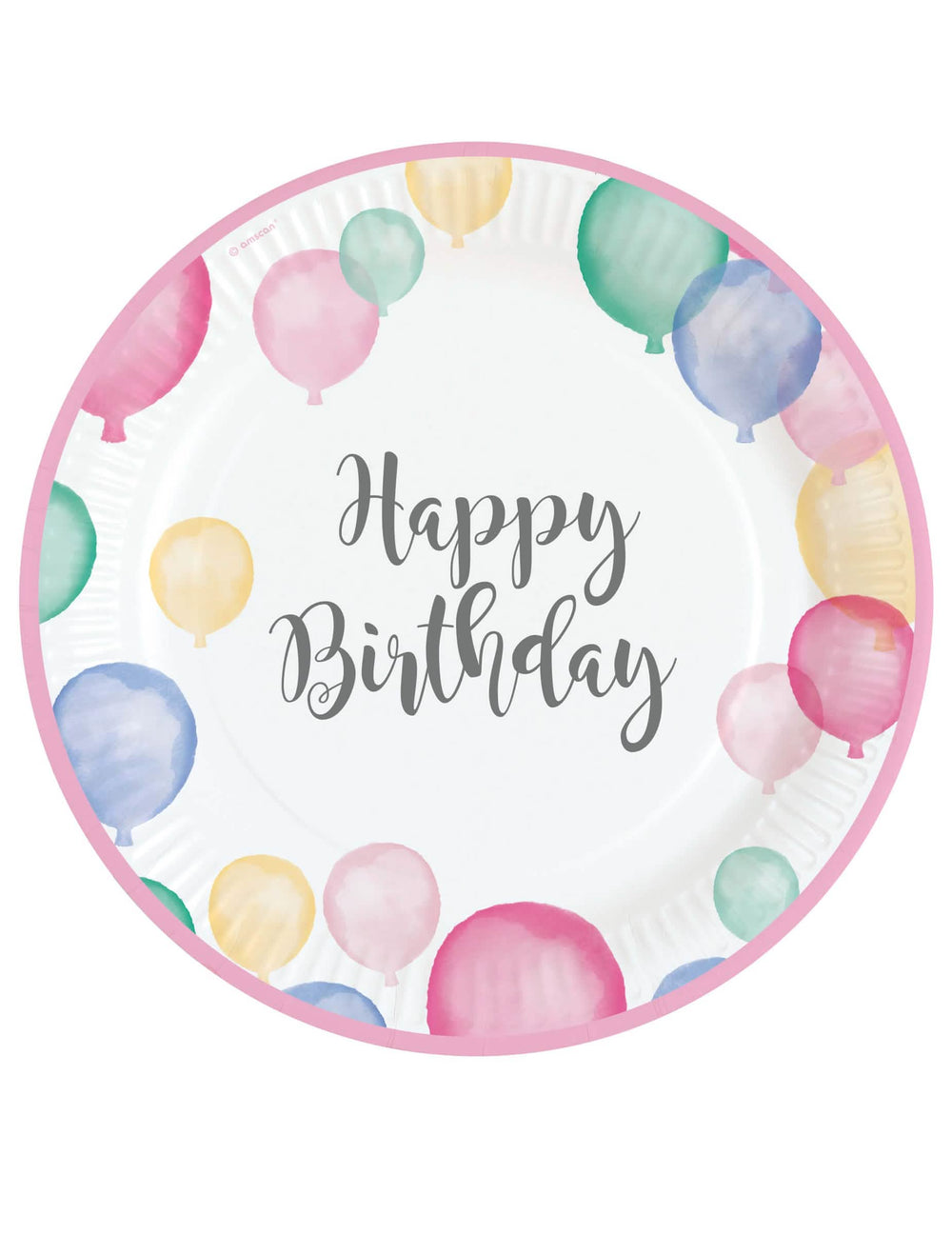Papír tányérok Happy Birthday pasztellszínű lufik születésnapra rózsaszín kontúr