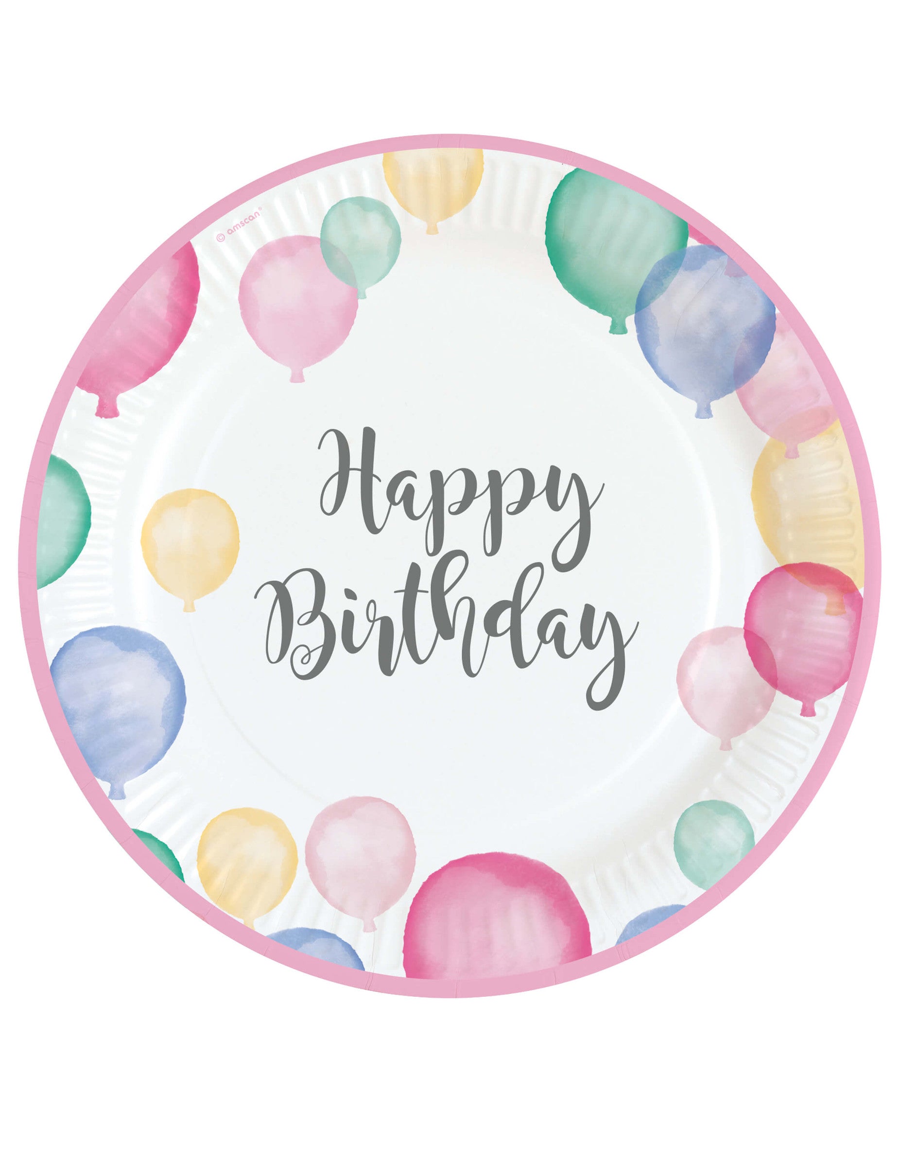 Assiettes en carton Happy Birthday ballons pastel pour anniversaire contour rose
