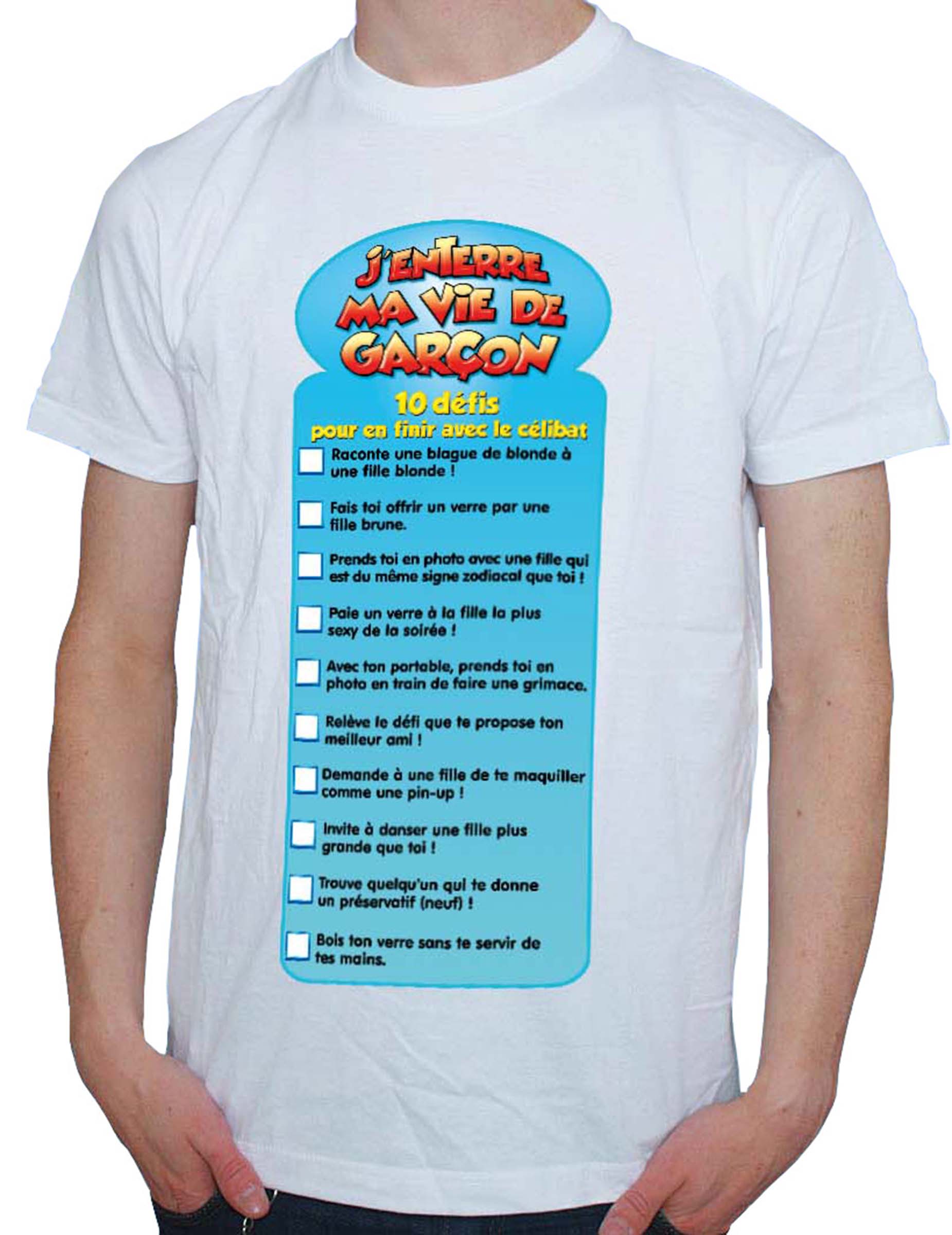 Autocollant enterrement de vie de garçon pour homme blanc et bleu avec liste de 10 défis