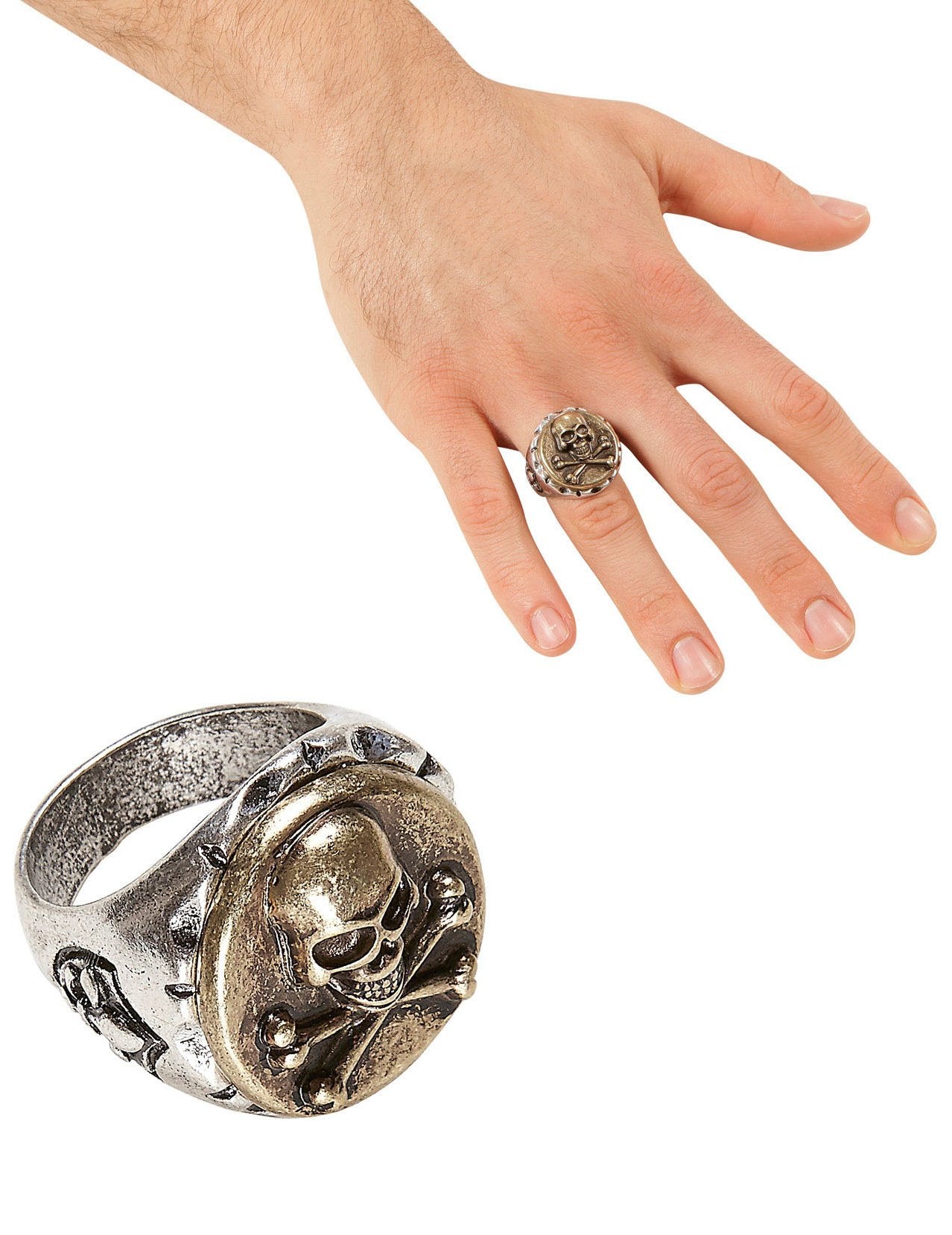 Bague chef des pirates pour adulte argentée avec tête de mort dorée