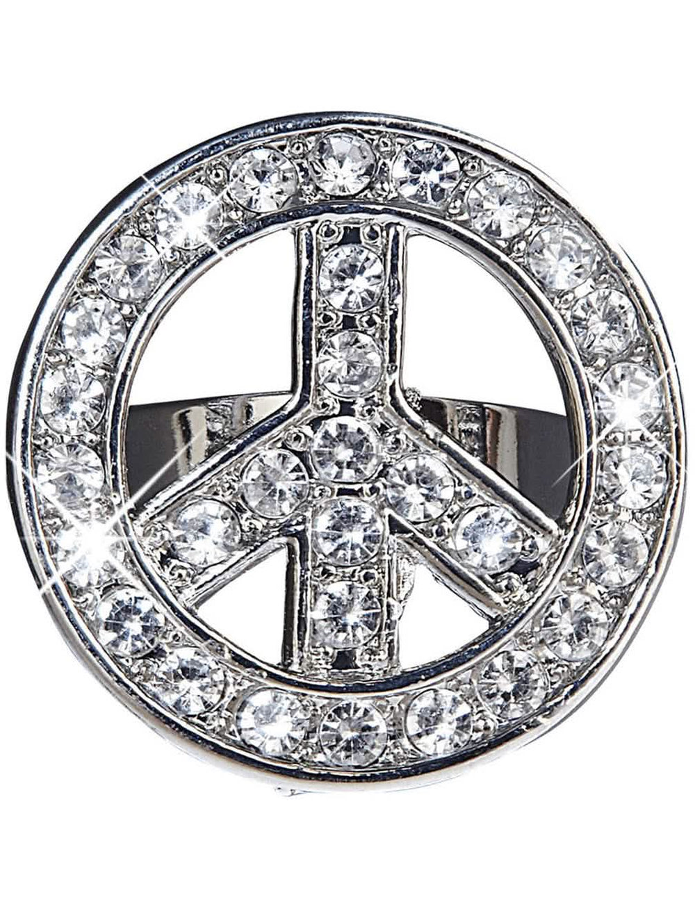Ezüst színű, felnőtt hippi gyűrű strasszkövekkel, peace and love formában