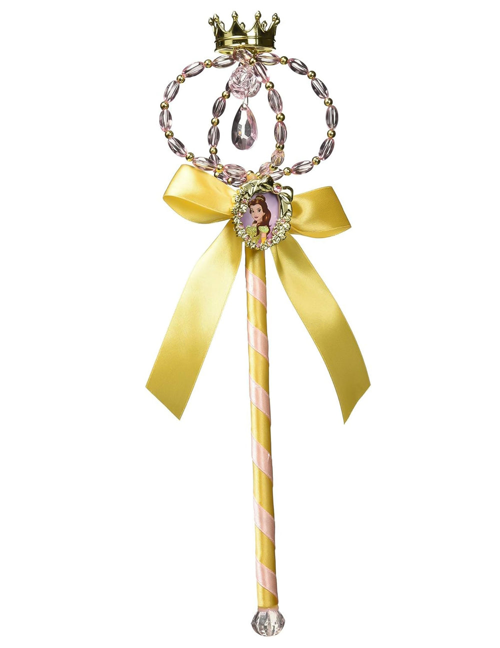 Baguette magique Belle pour enfant jaune et rose avec ruban et couronne dorée