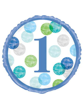 Fehér és kék első születésnapi fólia lufi 45 cm pasztell pöttyös