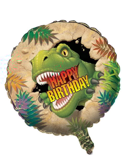 Zöld dinoszauruszos születésnapi fém léggömb T-Rex-szel és a 'Boldog Születésnapot' felirattal