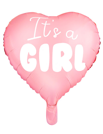 Rózsaszín szív alakú fólia lufi, "Itt a girl 45" cm babaváró bulira