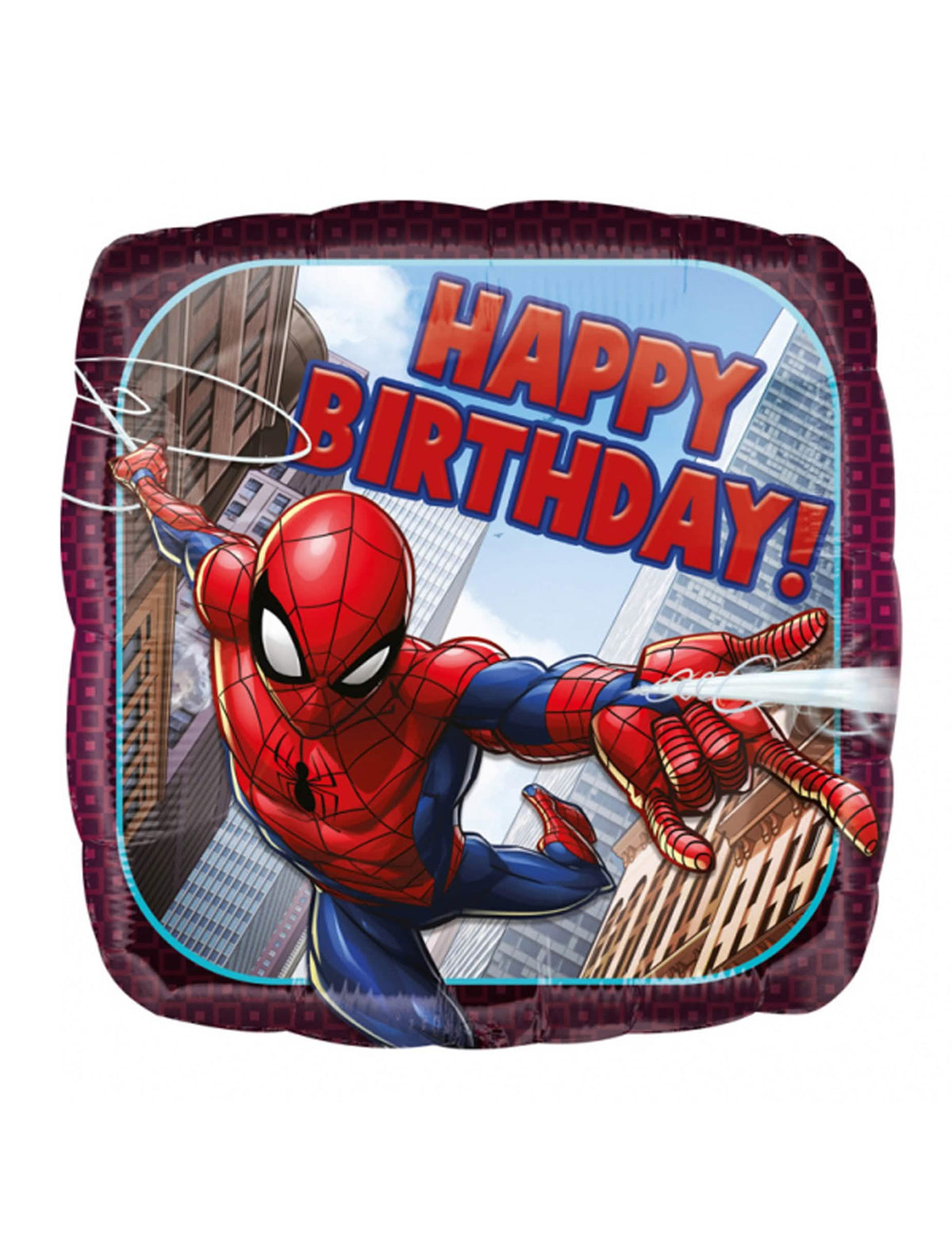 Négyzet alakú alumínium Spider-man Happy Birthday lufi születésnapra piros és kék városi díszítéssel