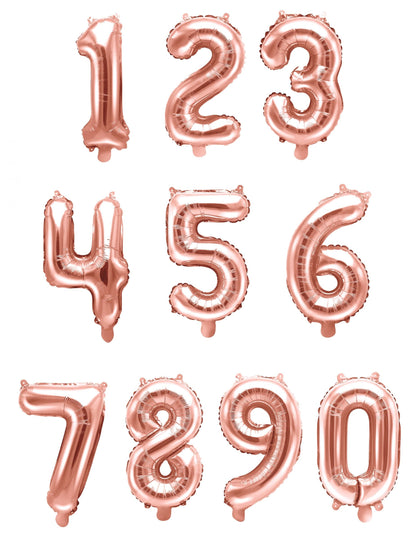 Vue de l'ensemble des chiffres de 0 à 9 du ballon aluminium chiffre pour fête rose gold