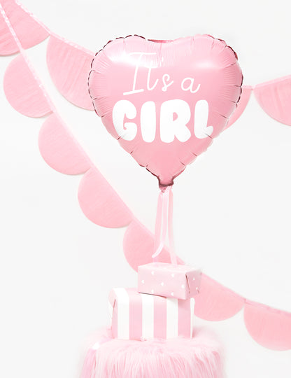 Rózsaszín szív alakú fólia lufi, "Itt a girl 45" cm babaváró bulira