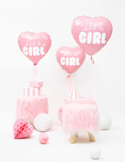 Rózsaszín szív alakú fólia lufi, "Itt a girl 45" cm babaváró bulira