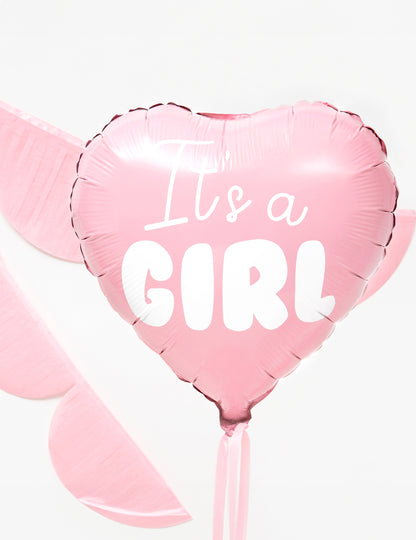 Rózsaszín szív alakú fólia lufi, "Itt a girl 45" cm babaváró bulira