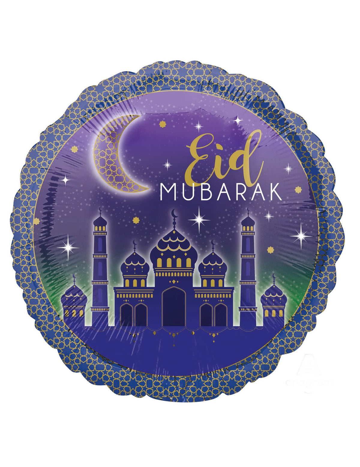 Lila és kék színű Aïd Mubarak alumínium lufi díszítéshez, mecsettel és arany félholddal
