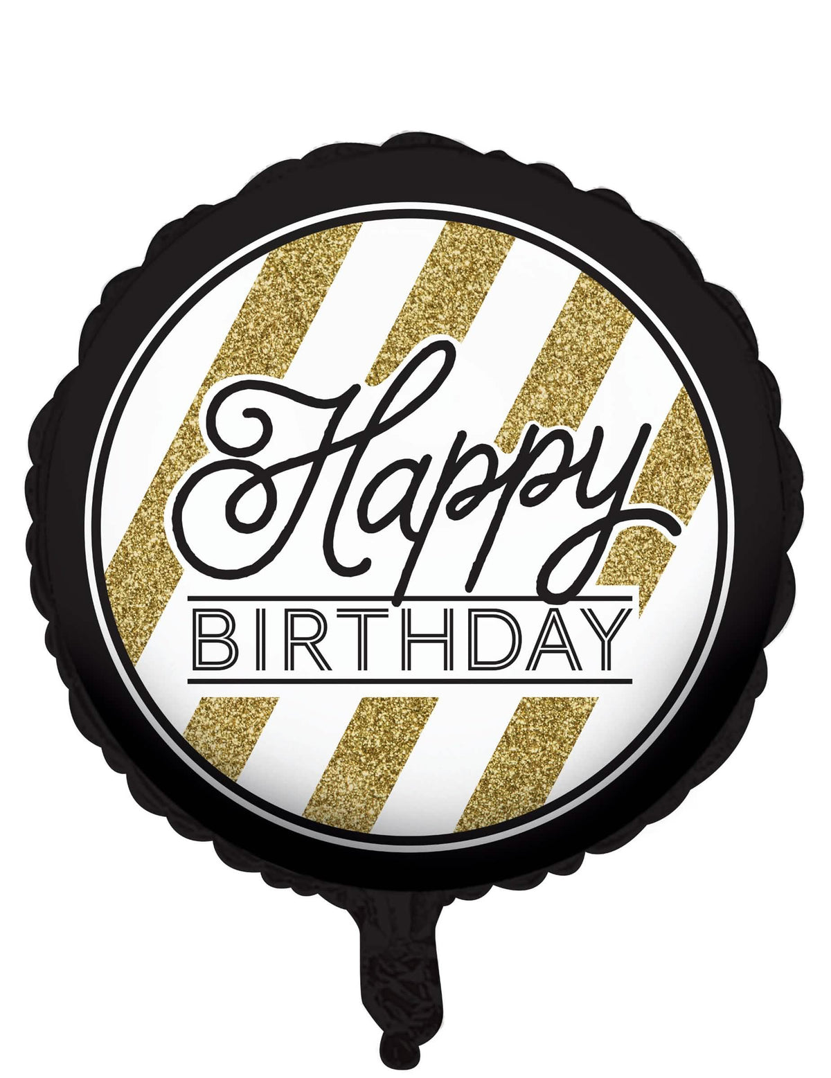 Alumínium Happy Birthday lufi születésnapra, fekete és arany csíkos, csillámos
