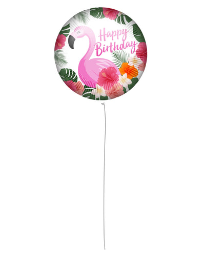 Ballon en aluminium Happy Birthday Flamant rose pour anniversaire blanc et rose à motifs tropicaux