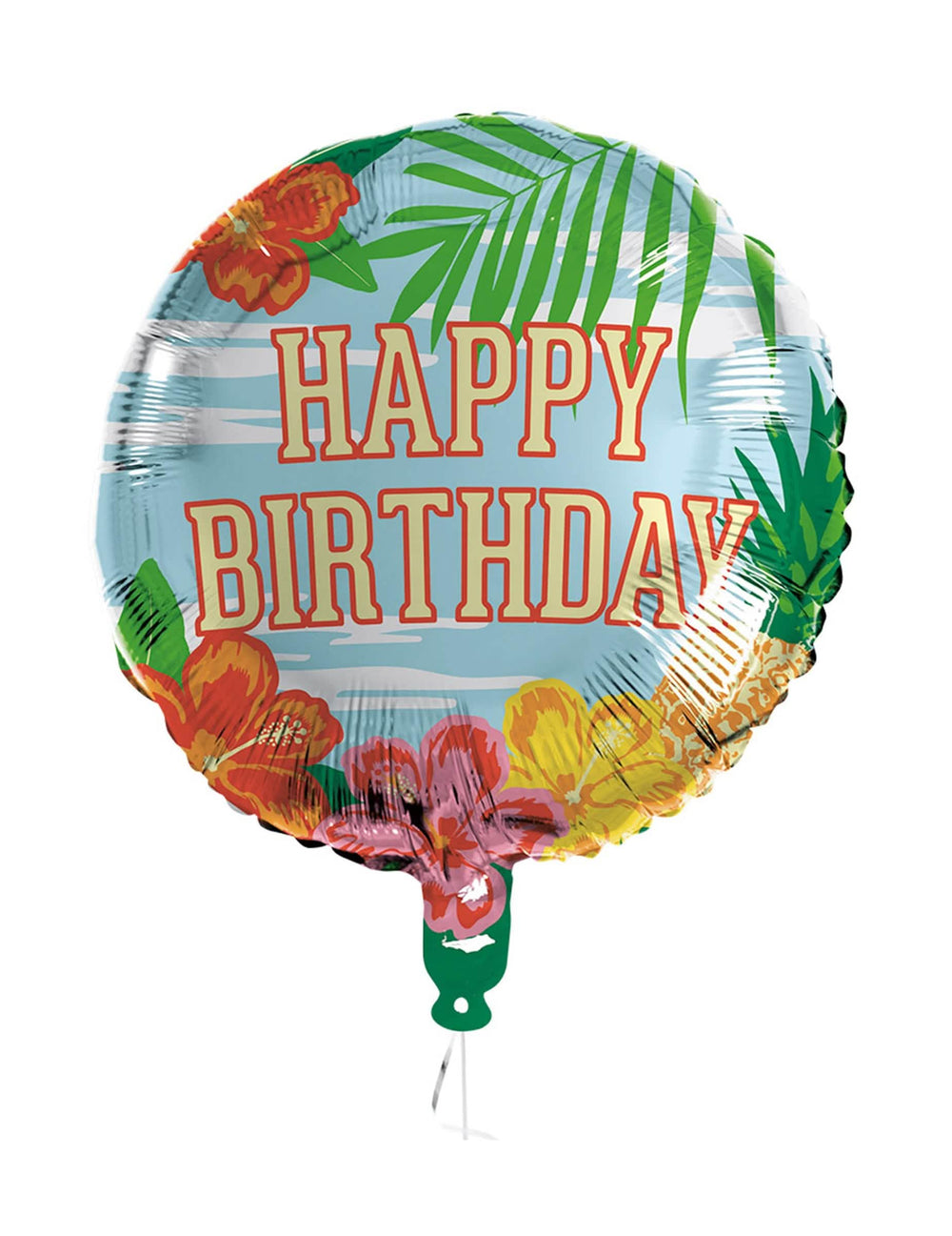 Happy Birthday Paradise alumínium lufi születésnapra, kék, hibiszkuszvirágokkal és pálmafával