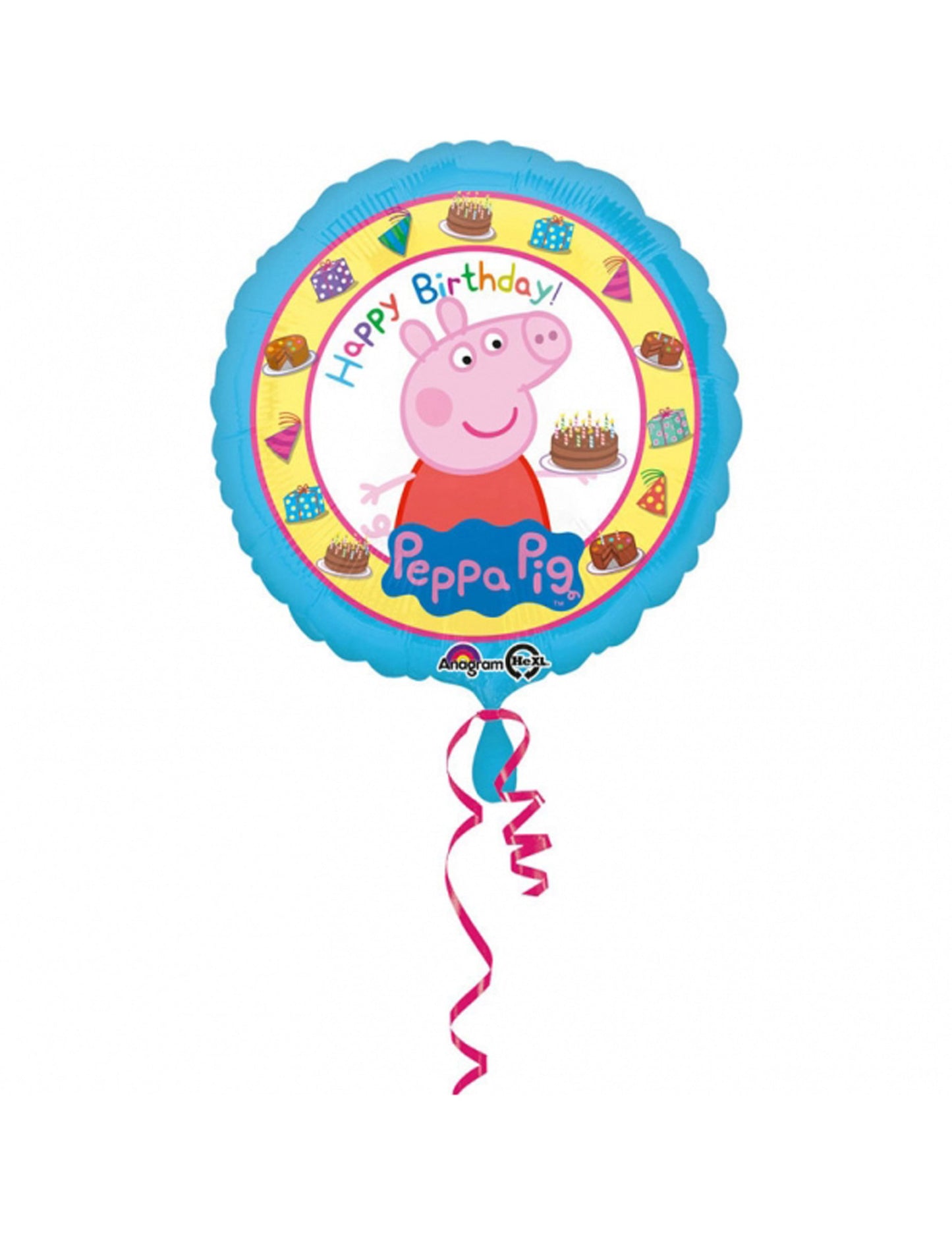 Ballon aluminium Happy Birthday Peppa Pig pour enfant bleu avec motifs de gâteaux