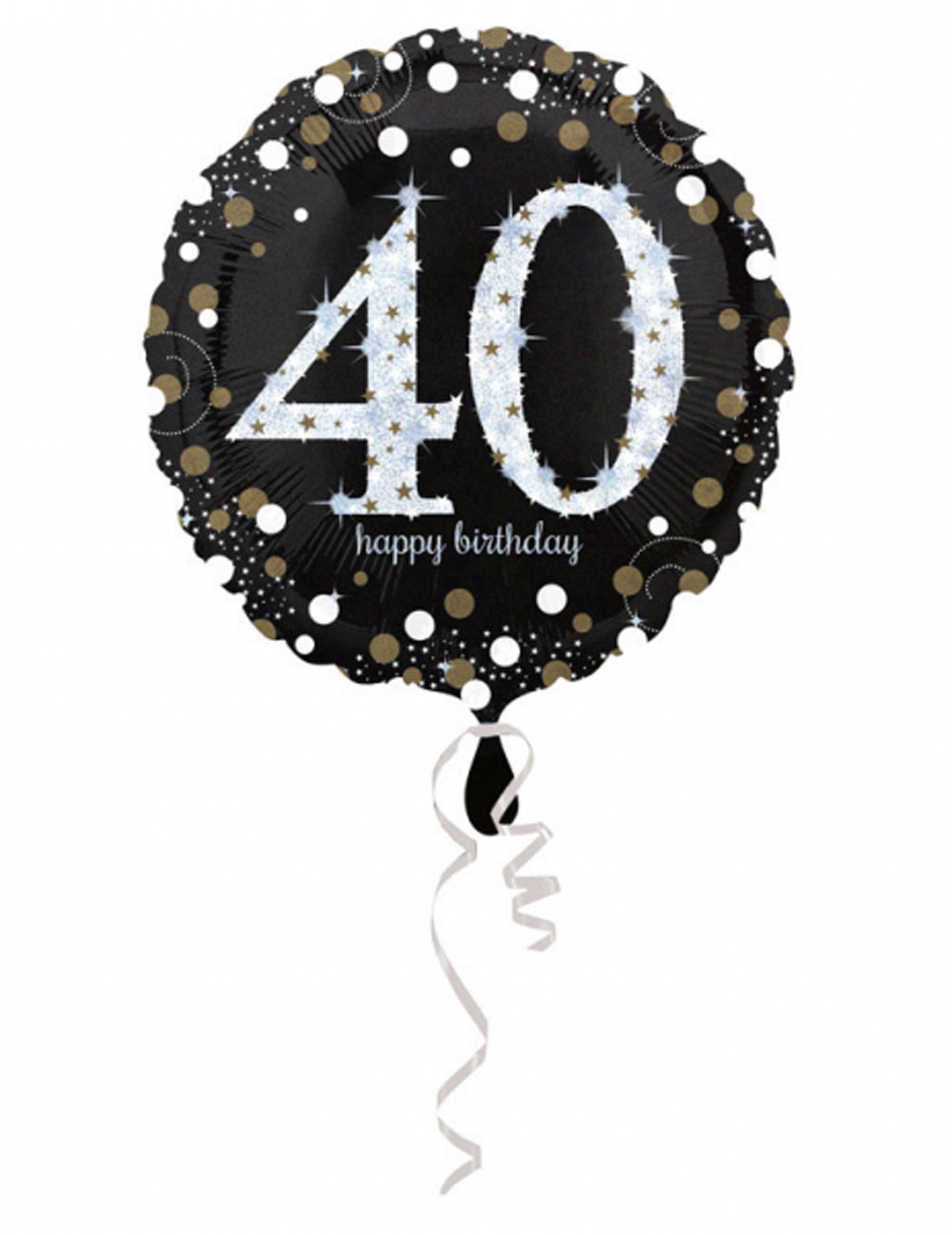 Ballon aluminium Happy Birthday scintillant 40 pour anniversaire noir avec pois dorés et blancs