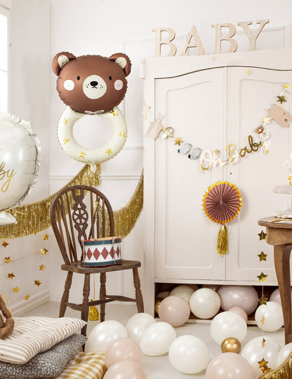 Ballon aluminium hochet petit ours pour bébé marron et crème à étoiles dorées