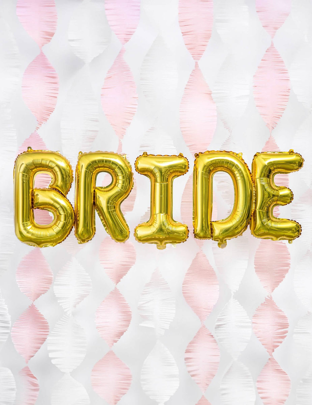 BRIDE szó arany betűs alumínium lufi girlandák hátterén