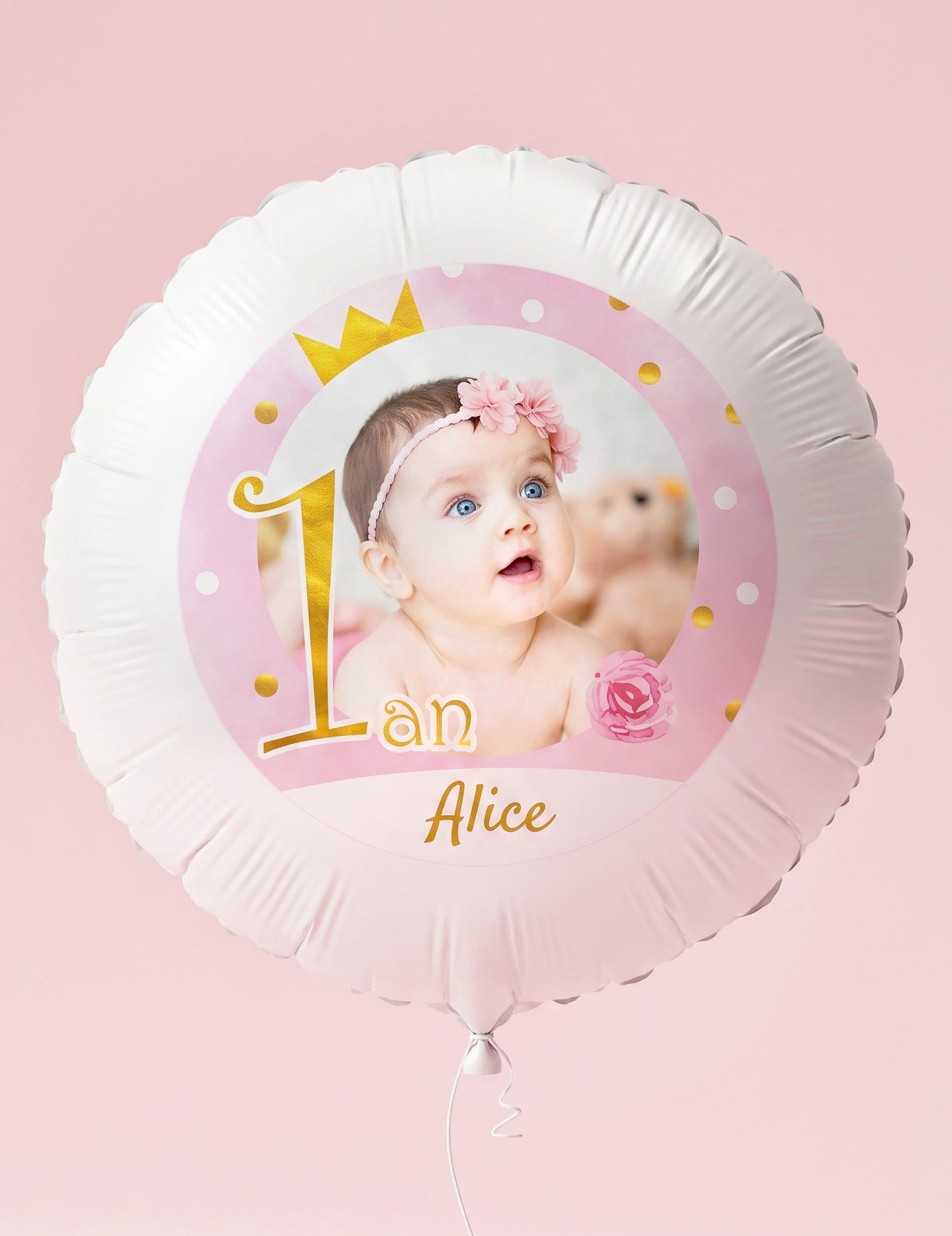 Személyre szabható fólia lufi 1 éves, rózsaszín és arany, 50 cm