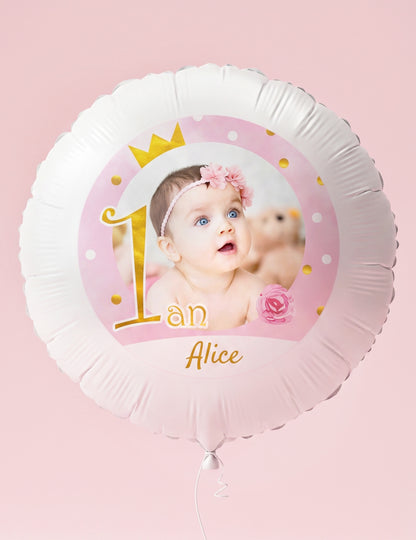 Személyre szabható fólia lufi 1 éves, rózsaszín és arany, 50 cm