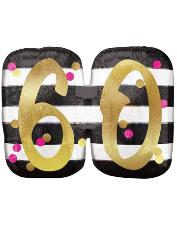 Téglalap alakú alumínium lufi, 60 éves, fukszia és arany, 63 cm születésnapra