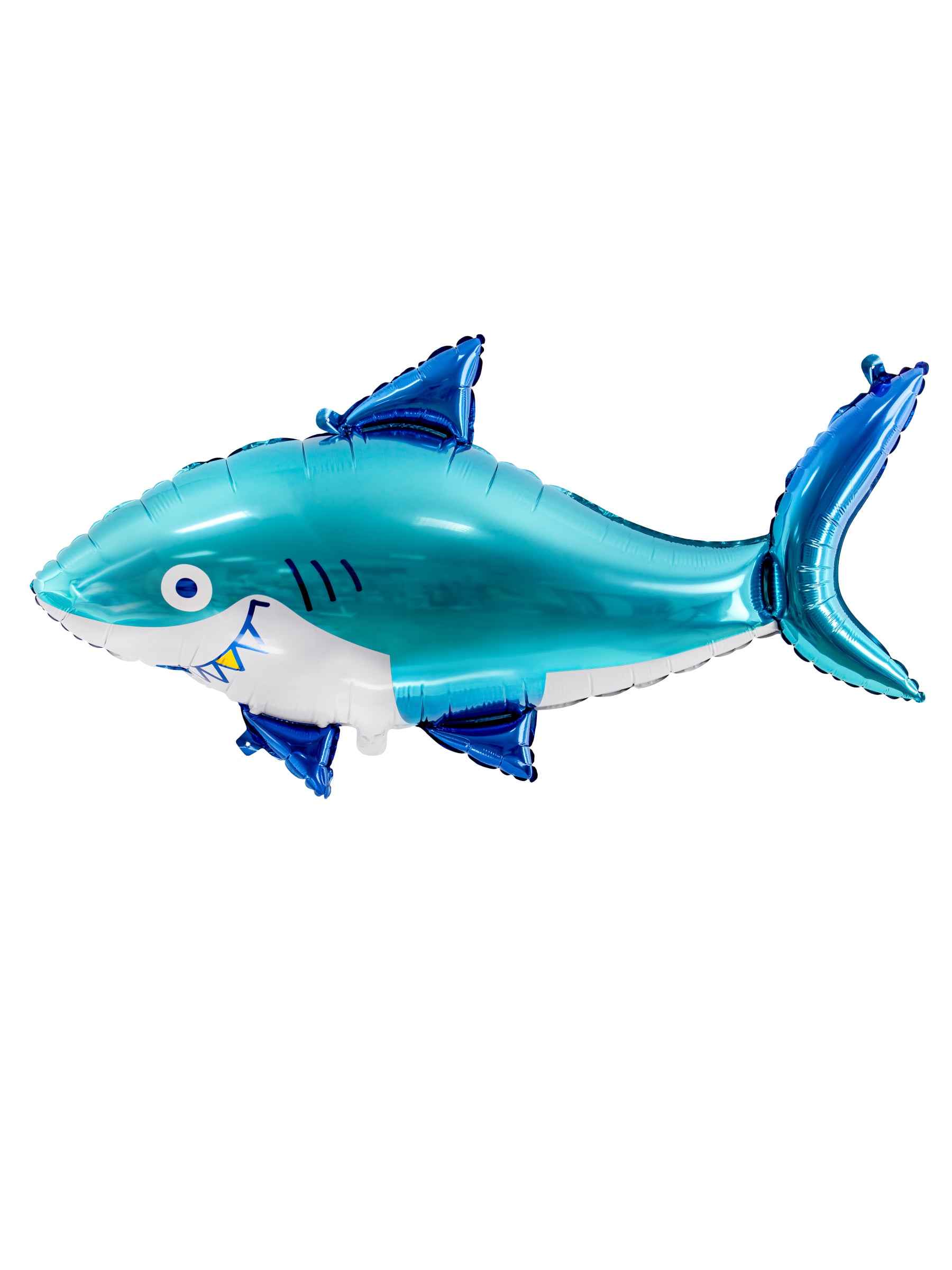Mise en scène avec rideau bleu du ballon aluminium requin pour anniversaire océan