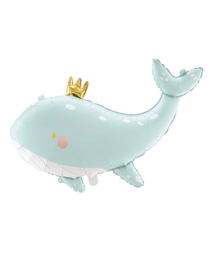 Égkék bálna alumínium lufi 78 x 50 cm egy arany koronával