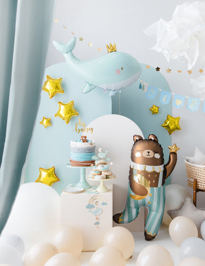 Égkék bálna alumínium lufi 78 x 50 cm egy arany koronával