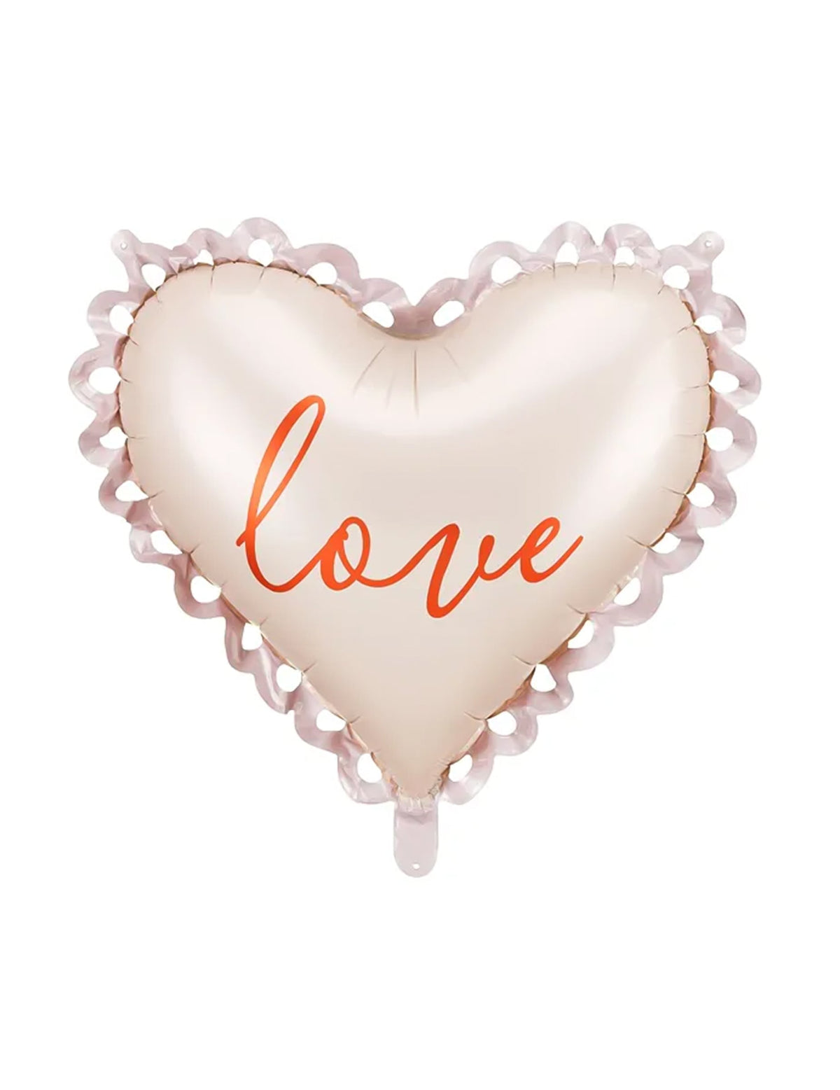 Ballon en aluminium cœur Love pour fête beige avec bordure dentelle et inscription orange