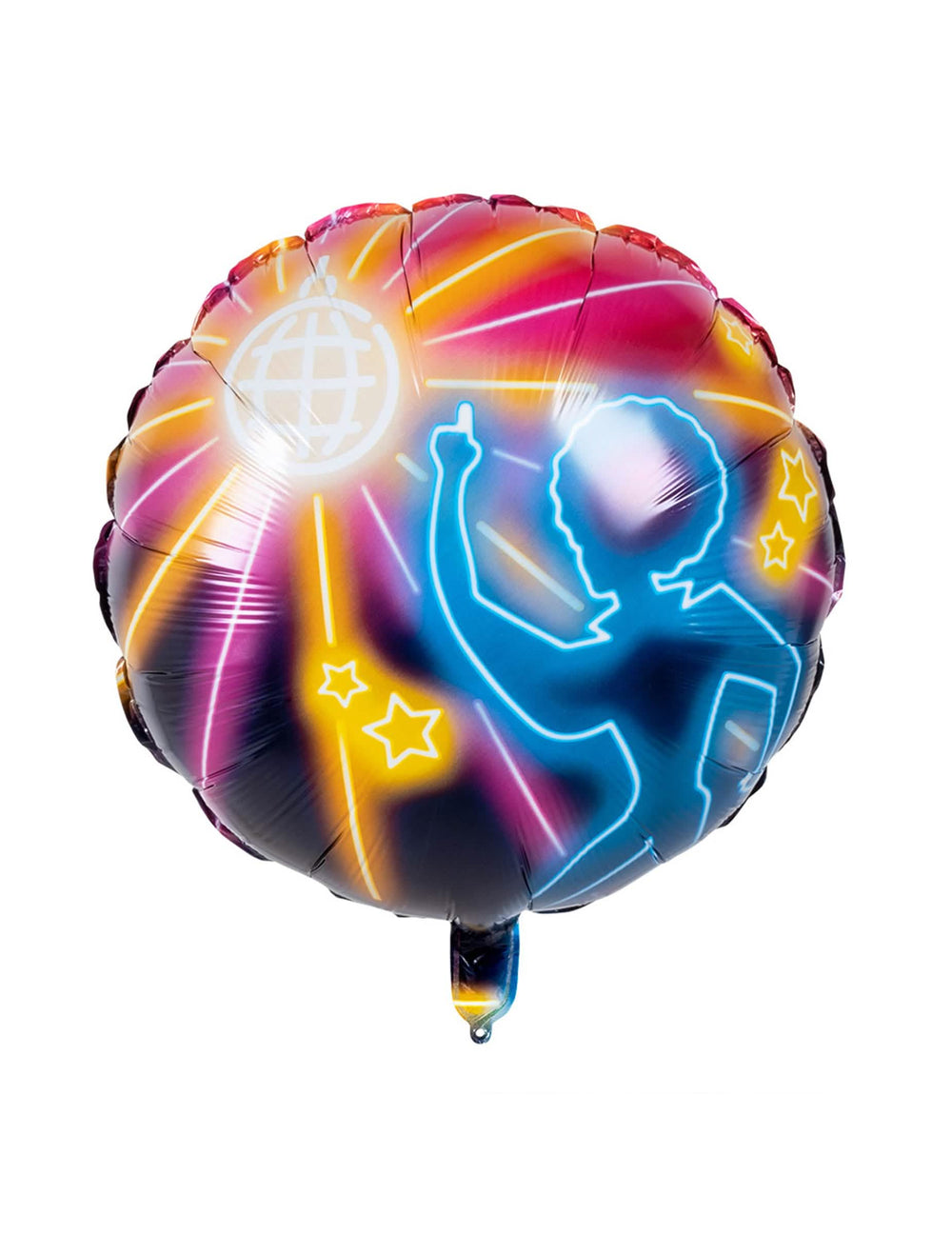 Közelkép a diszkó lázzal díszített alumínium lufi neon mintájáról, táncossal és diszkógömbbel