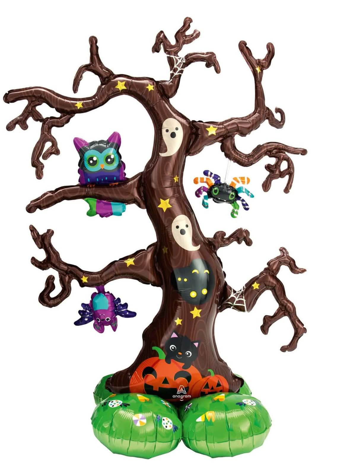 Óriás Airloonz alumínium lufi halloween fa mintákkal, barna, önállóan álló, partihoz