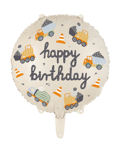 Ballon Happy Birthday camions de chantier beige avec motifs d'engins de chantier