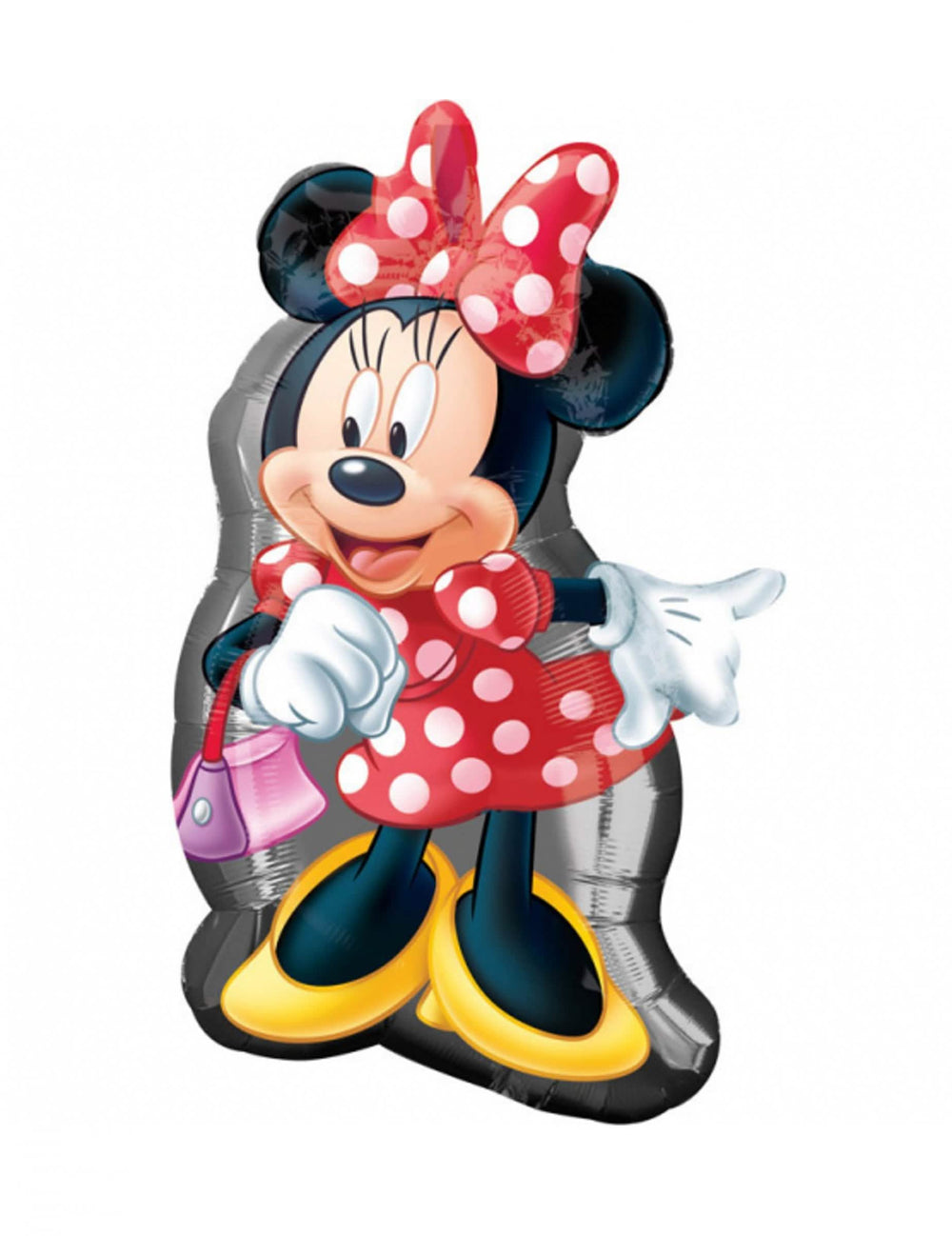 Minnie piros, fehér pöttyös alumínium lufi, rózsaszín masnival és kézitáskával