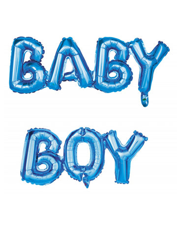Kék színű, kisfiúknak való betűs fólia lufik 118 x 24 cm babaváró bulira