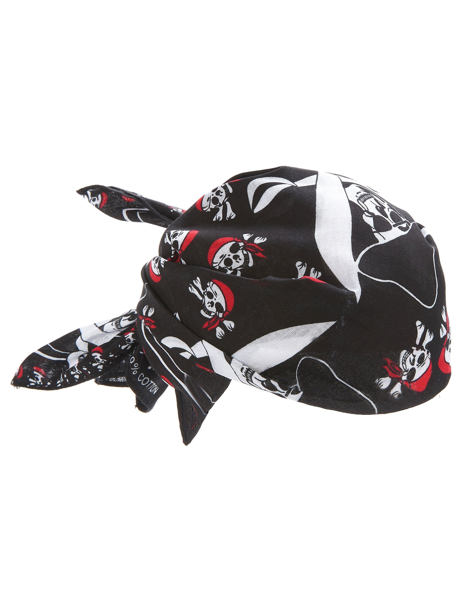 Bandana squelette pirate pour adulte noir avec motifs têtes de mort blanches et rouges