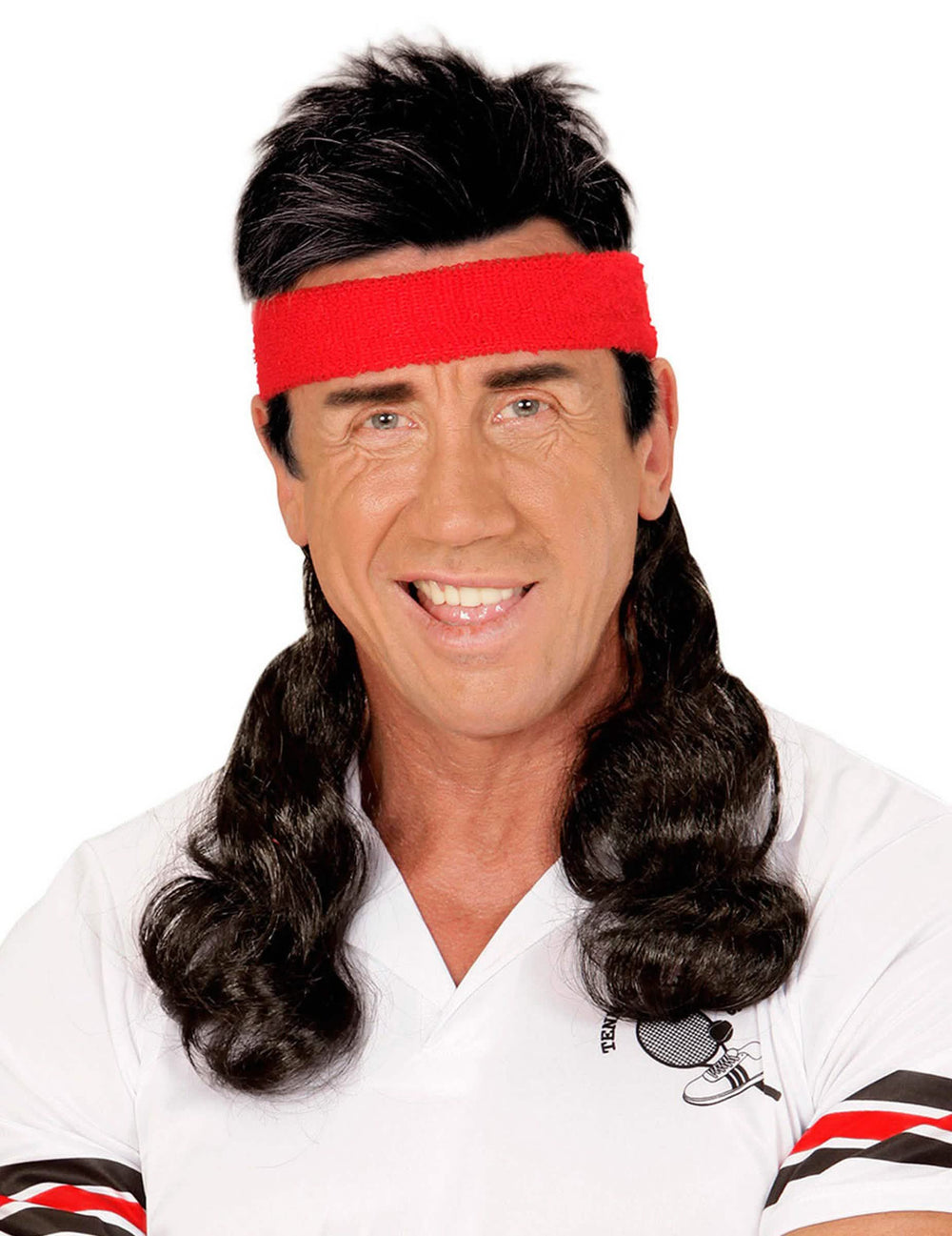80-as évekbeli mullet paróka fejpánt felnőttnek, fekete és piros