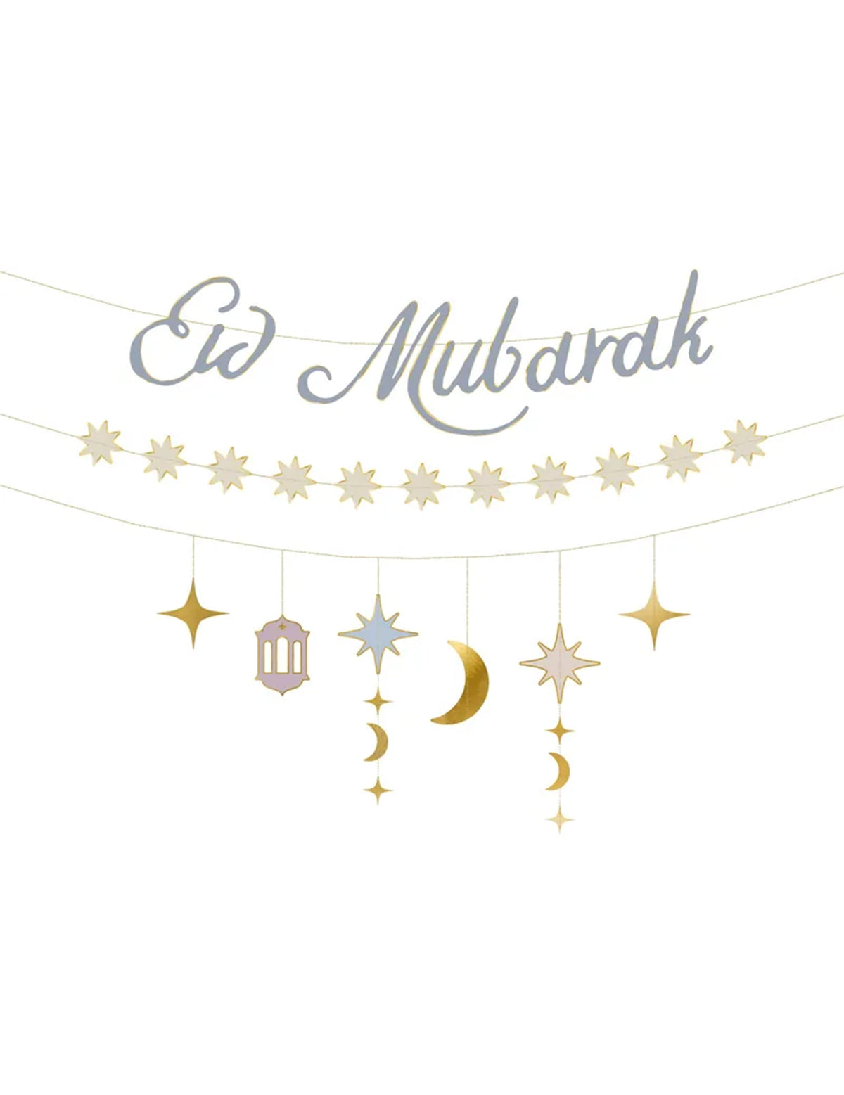 3 guirlandes en carton Eid Mubarak pour fête or et argent