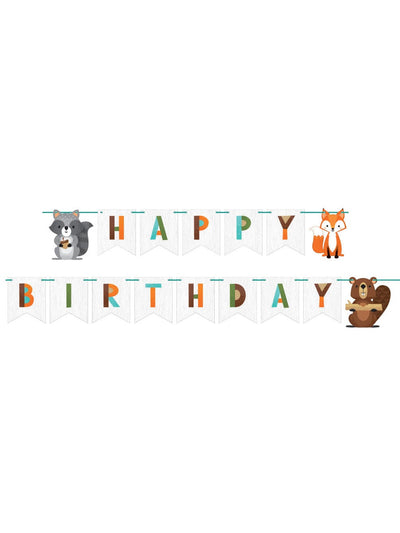 Bannière en carton happy birthday animaux de la forêt pour enfant multicolore avec renard raton laveur et castor