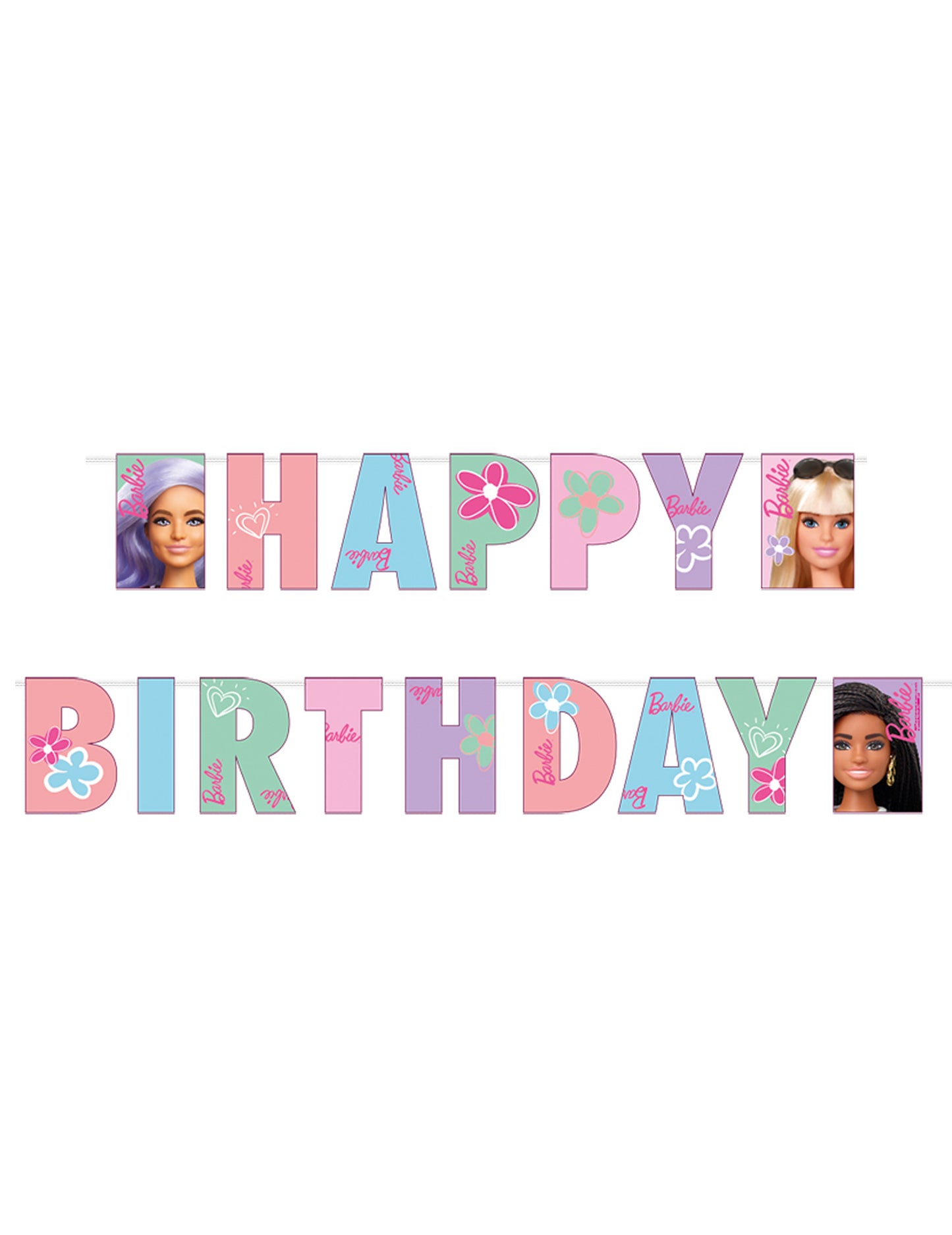 Bannière en papier Happy Birthday Barbie Sweet Life pour enfant rose et pastel à fleurs