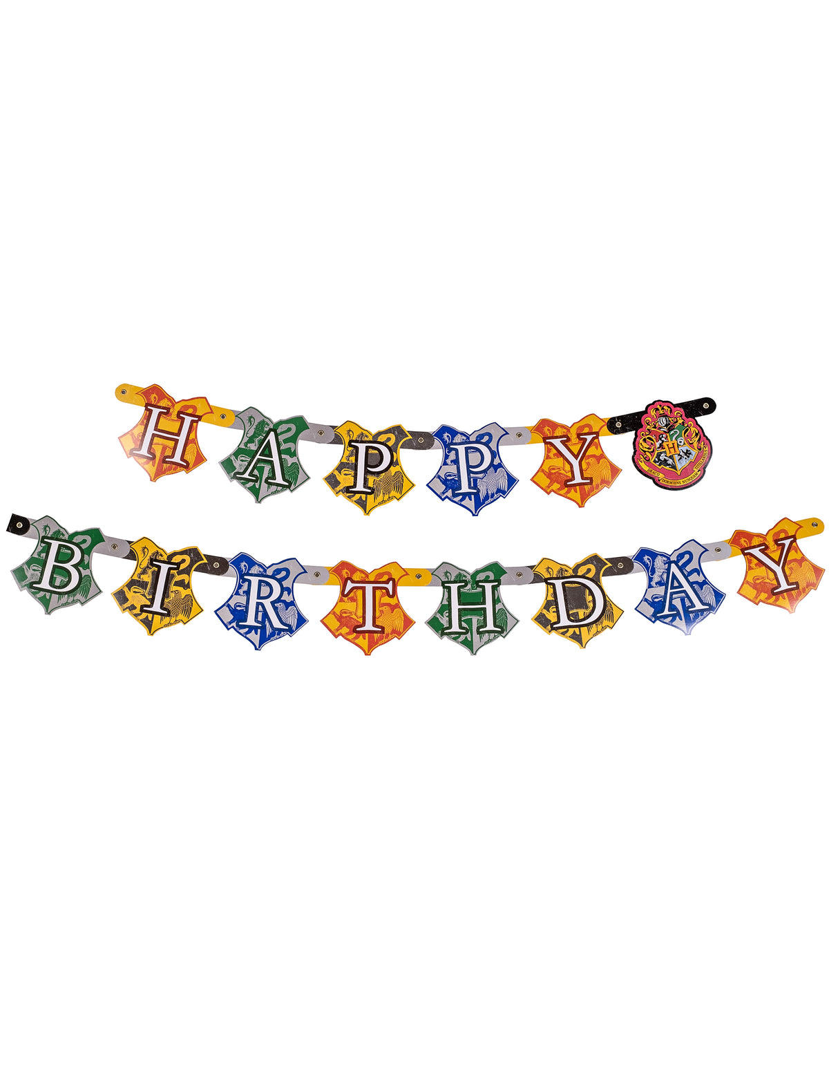 Bannière happy birthday Harry Potter pour anniversaire multicolore aux blasons des maisons de Poudlard