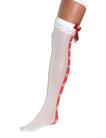 Bas d'infirmière avec nœud pour femme blancs avec bande rouge et dentelle