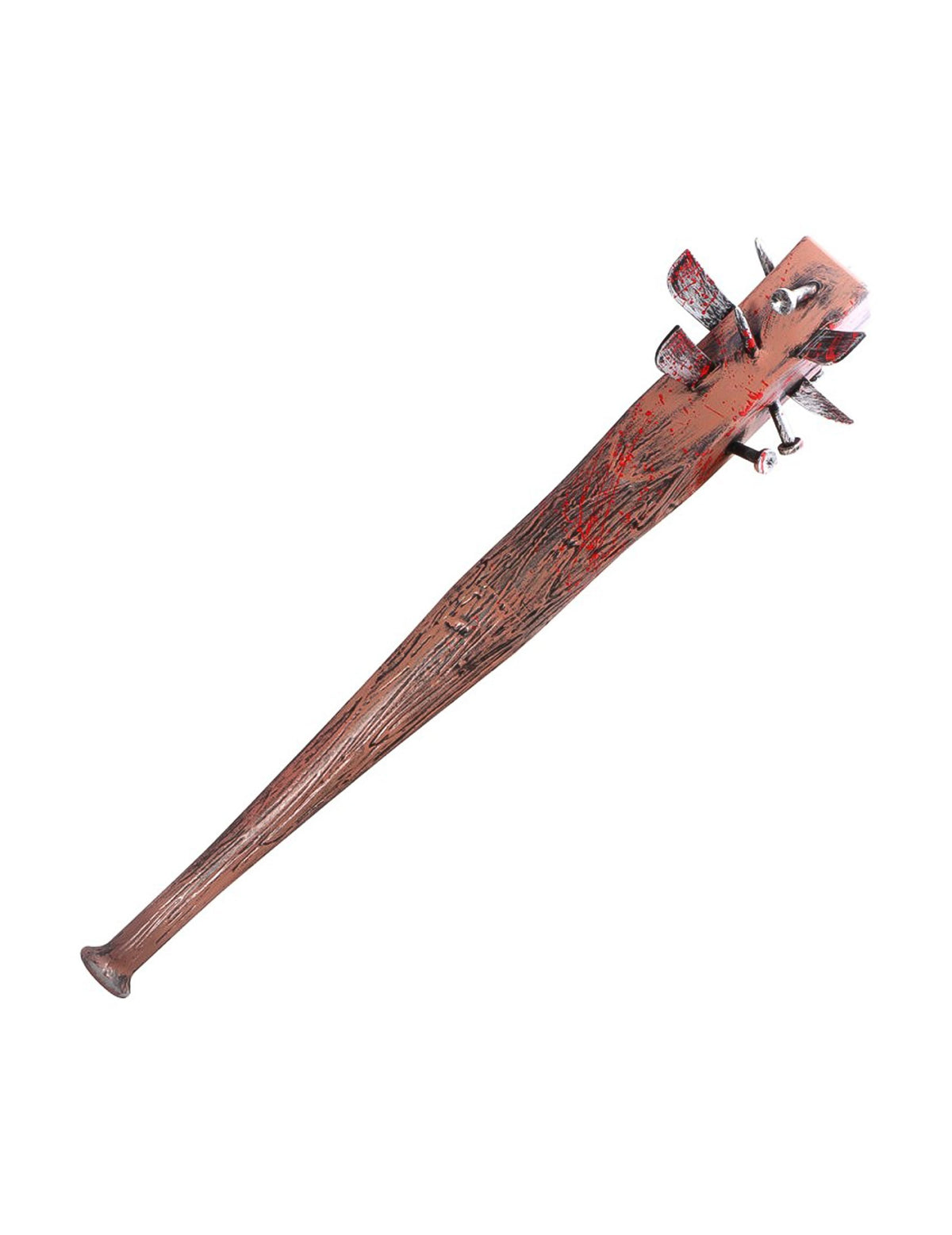 Batte ensanglantée marron avec clous et taches de sang